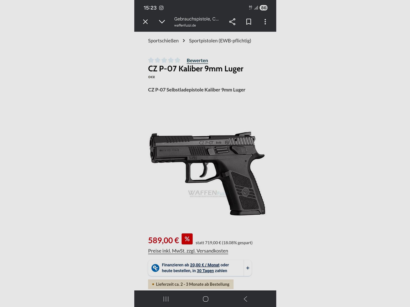 CZ P07 9mmx19 quasi neuf incluant un holster