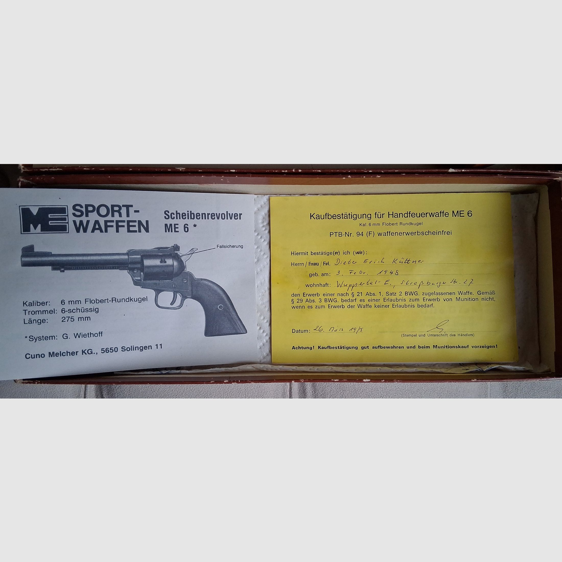 Revolver ME 6 by Cuno Melcher in 6mm Flobert round. No license required, does not count towards the quota