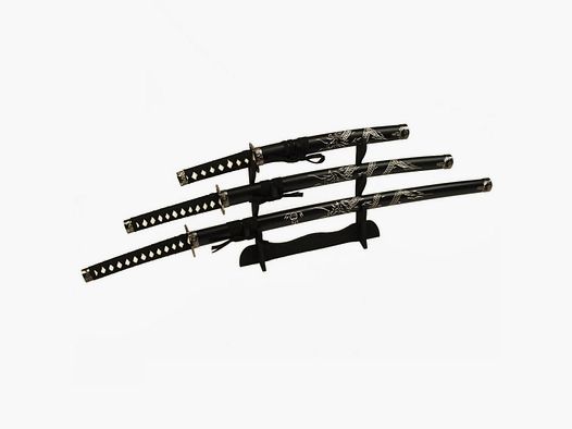Zestaw Mieczy Samurajskich Shogun z Rzeźbionym Smokiem - Katana Wakizashi Tanto Stojak na Miecz
