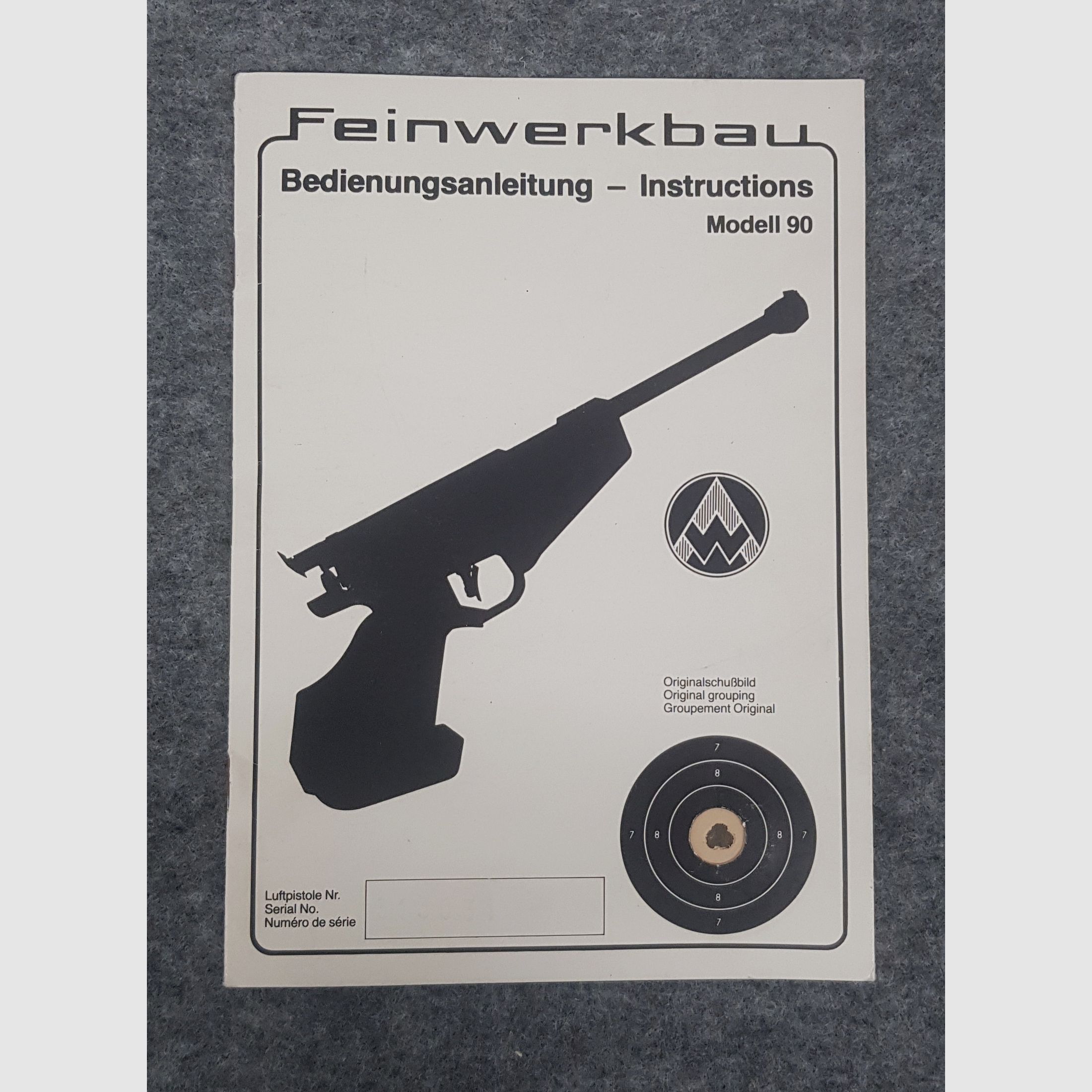 Feinwerkbau FWB Mod. 90 Beschreibung Bedienungsanleitung Luftpistole Luftgewehr KK Gewehr Co2 Pistole siehe Beschreibung. Preis ab