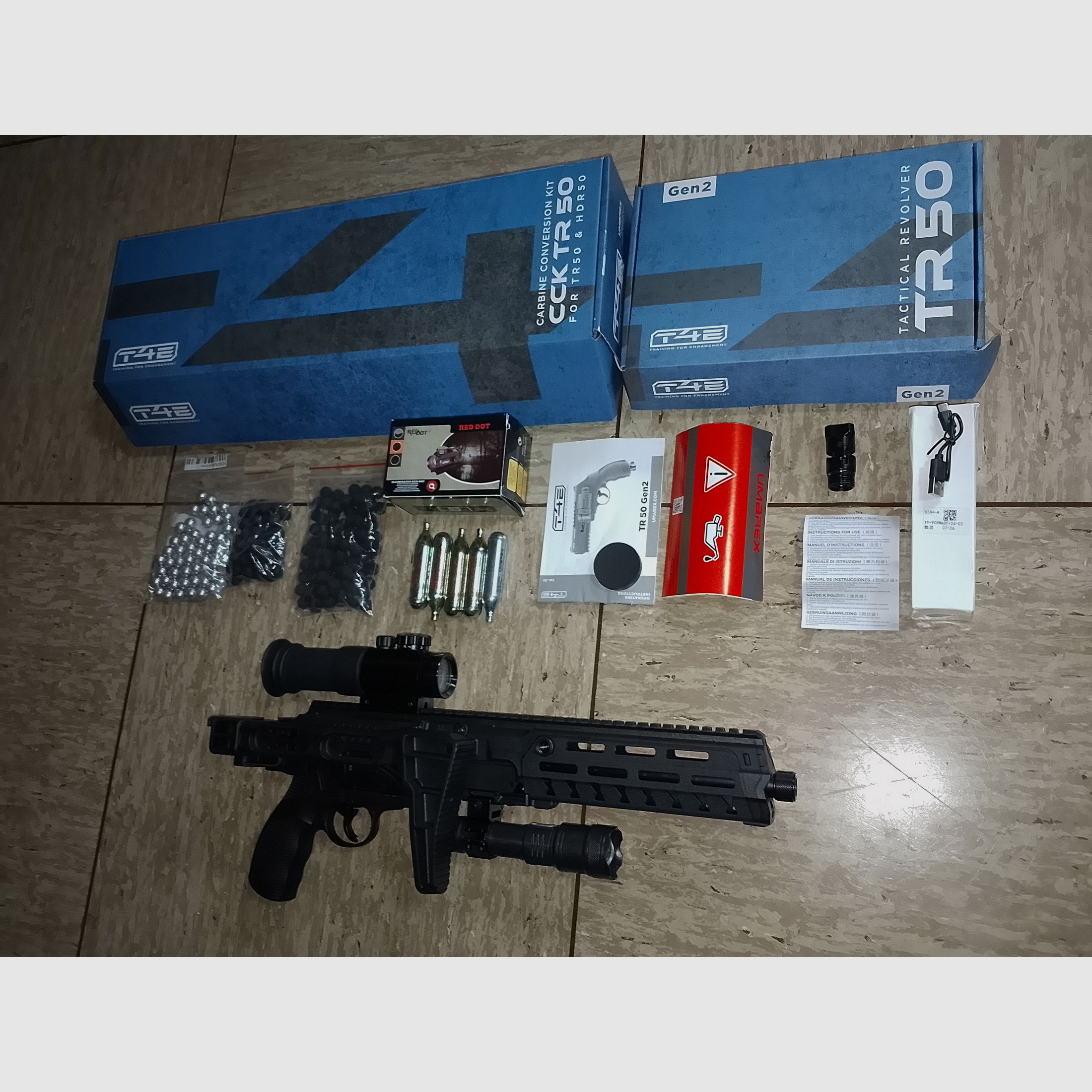 Neu T4E RAM HDR50  Tr50 gen2 + Carbine Conversion Kit+ Alu kugeln + Rubberballs .50 + Flashlight + CO2 Kapseln+ Visier Ovp 