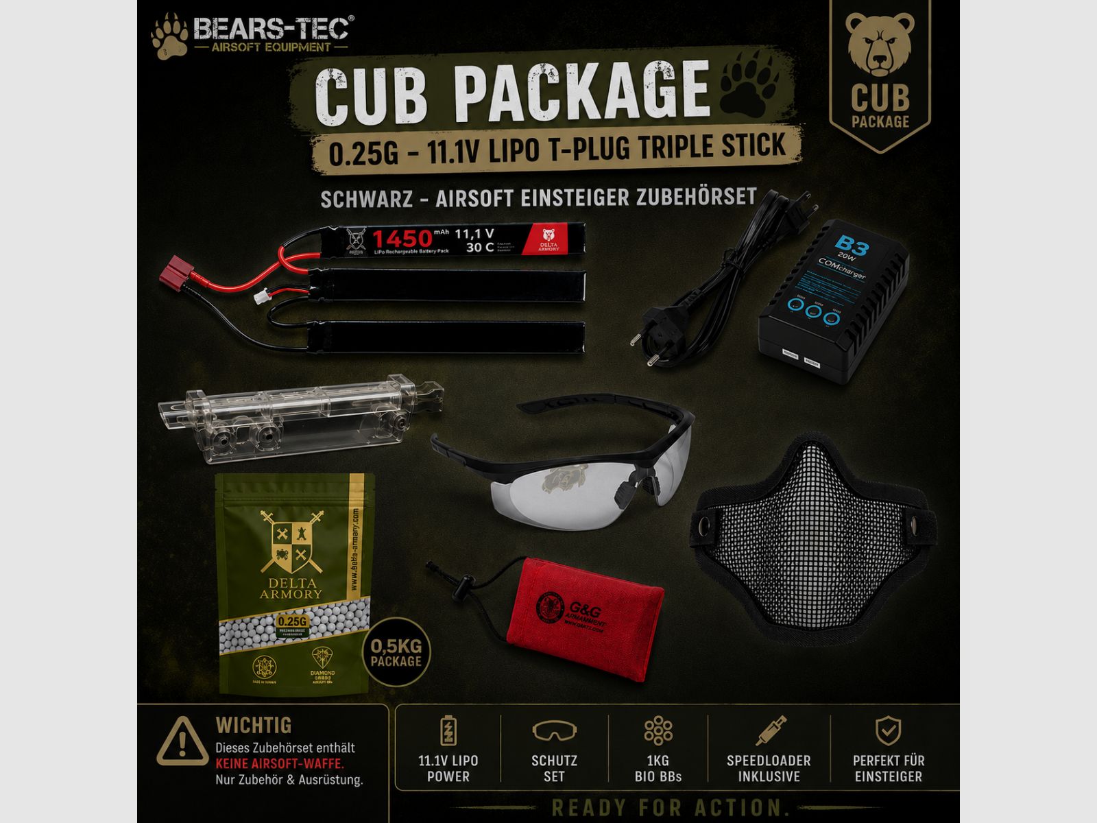 Cub Package 0.25g – 11.1v LiPo T-Plug Triple Stick Czarny – Zestaw Akcesoriów dla Początkujących do Airsoftu