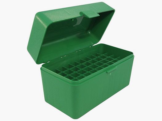 Caja de cartuchos MTM RL-50-10 verde con tapa abatible para 50 cartuchos .270 y otros.