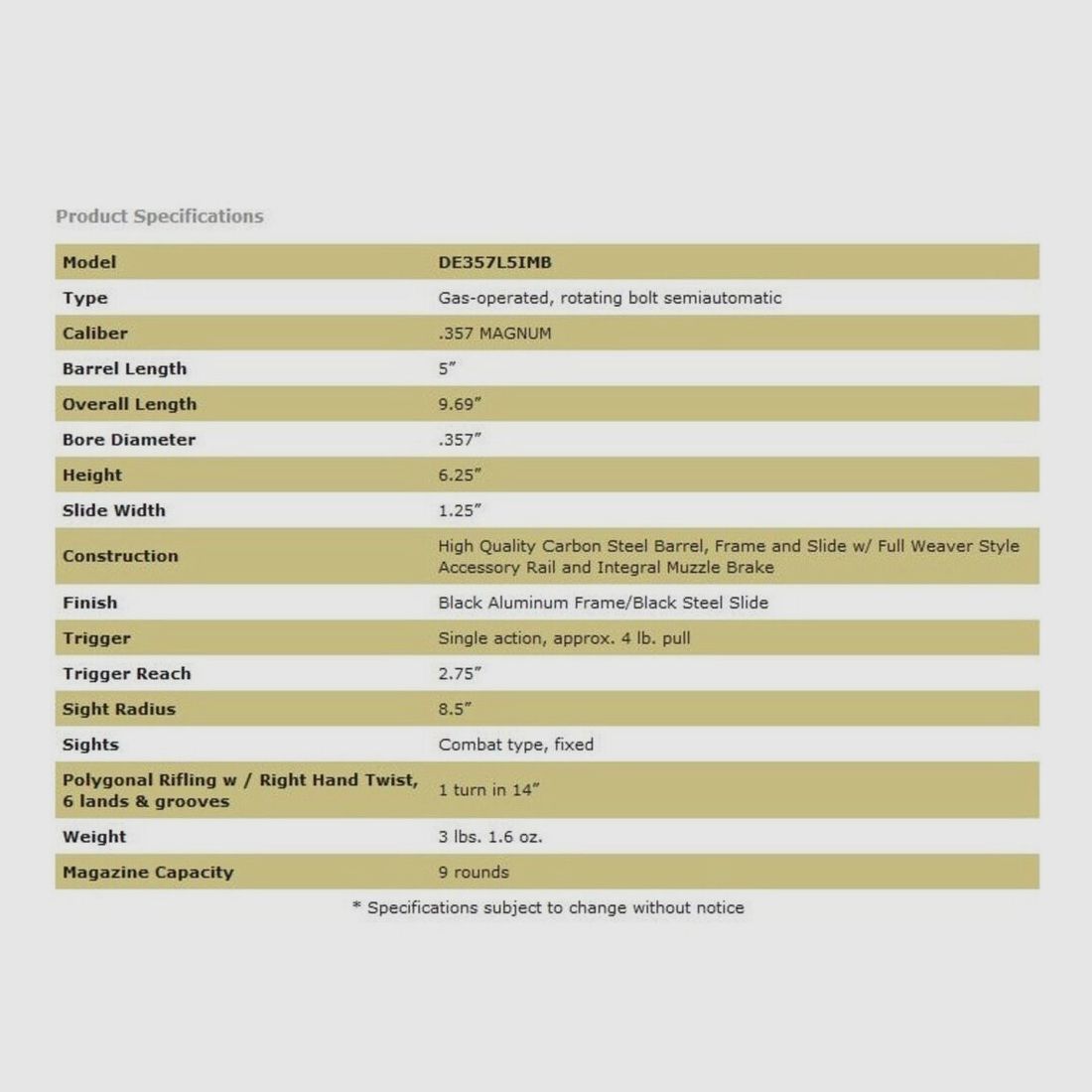 Magnum Research Desert Eagle L5" (5 pouces) Noir MB Intégral .357Mag
