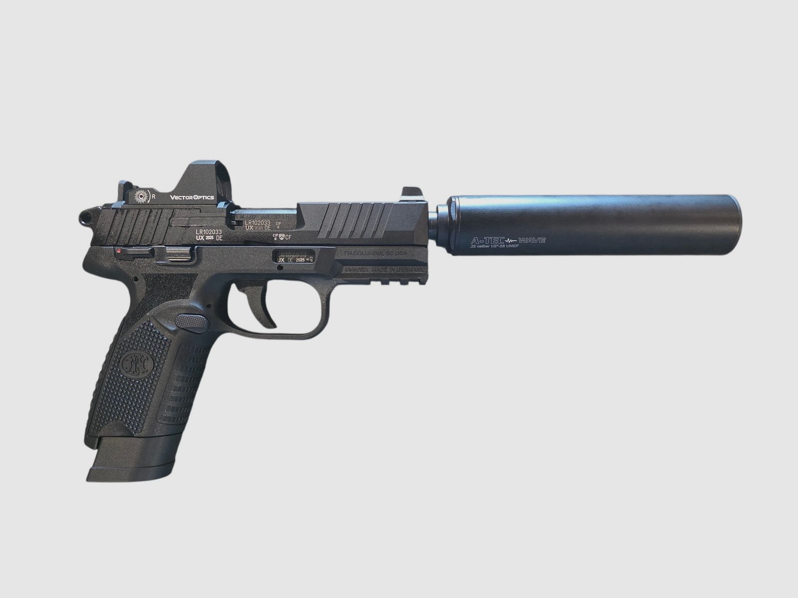 Pack complet Pistolet FN HERSTAL 502 Tactical Noir cal.22Lr + Point rouge + silencieux, image 1 sur 8