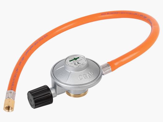 Regulador de gas con manguera para cartuchos de gas con rosca EN417, 50 mbar, ¼" izquierda