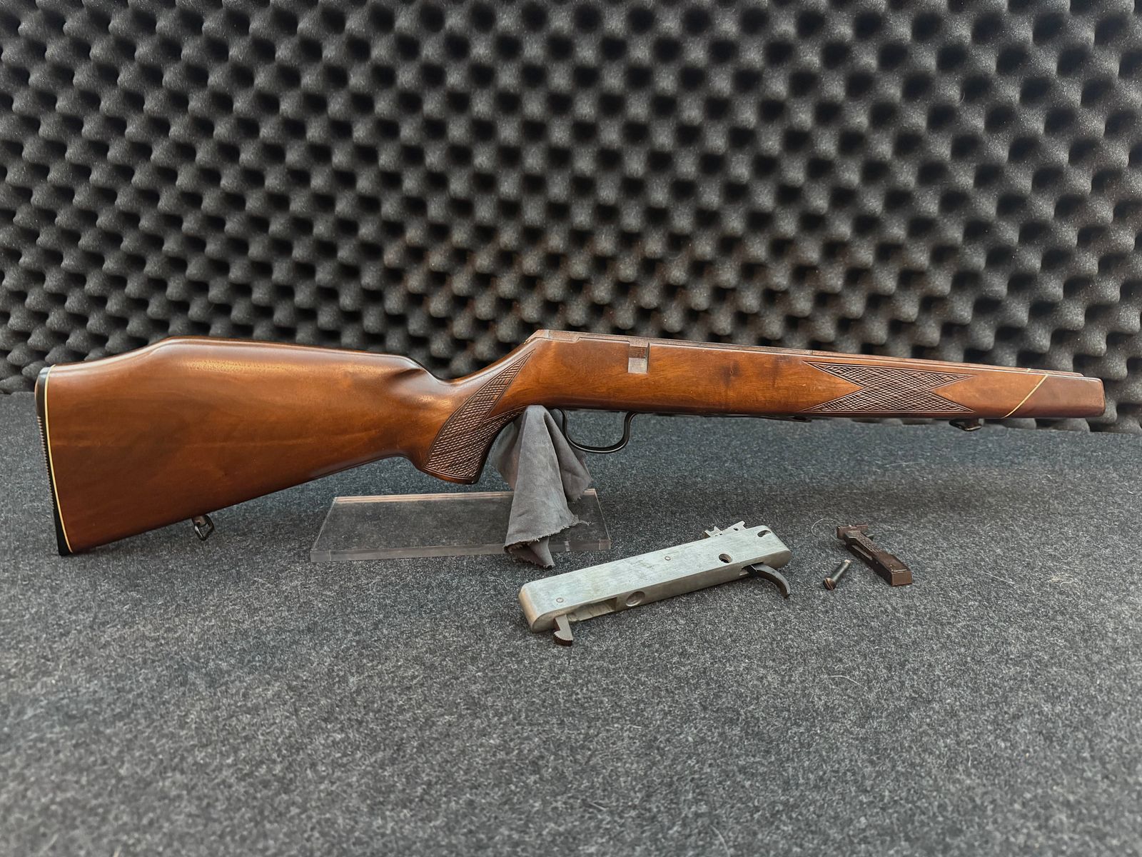 Stock and system bedding with removal and safety Voere 22lr repeating rifle