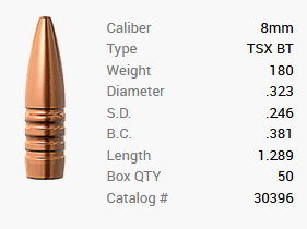 Proiettile Barnes 8mm/.323 180GR TSX BT 50 pezzi