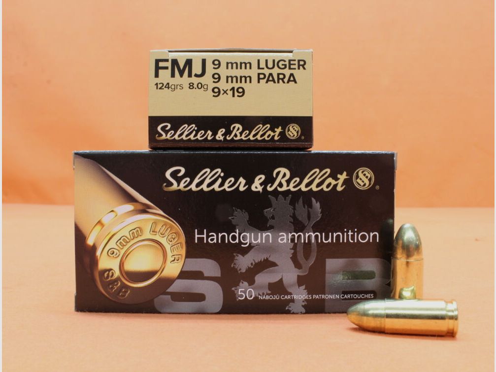 <S&B/ Sellier&Bellot cartucce 9mm Luger S&B/ Sellier&Bellot 124grs FMJ VE 50 cartucce/ 8,0g palla intera>