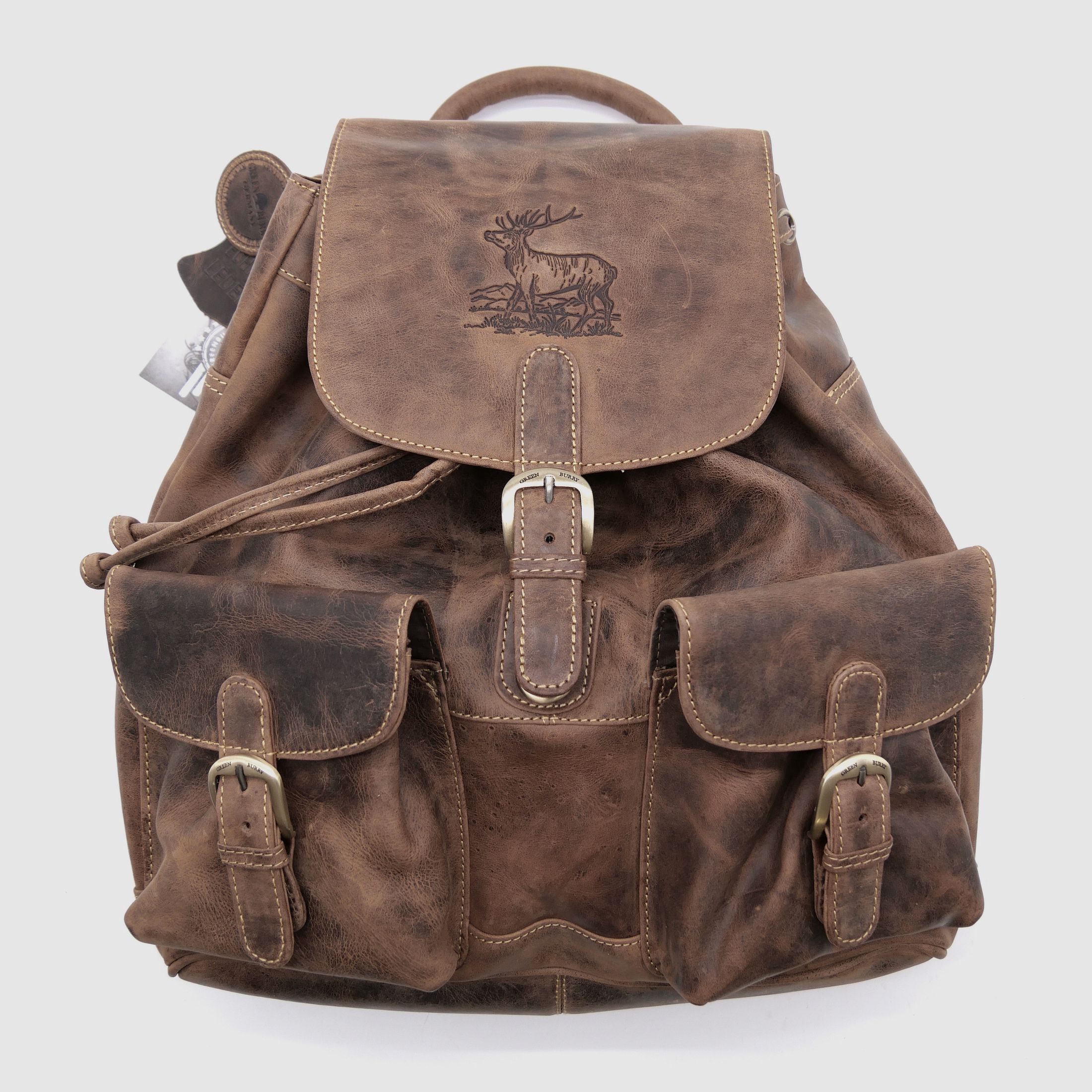 Sac à dos en cuir Greenburry avec embossage de cerf marron 1711-STAG3-25