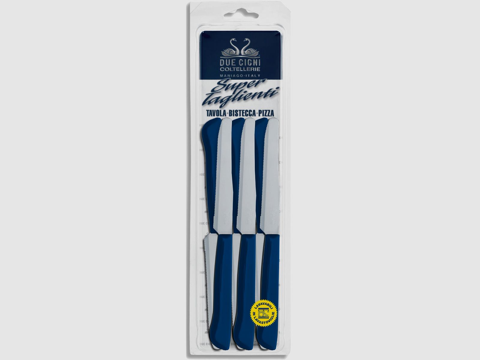Due Cigni - Blister 6 coltelli eleganti da tavola seghettati con manico blu