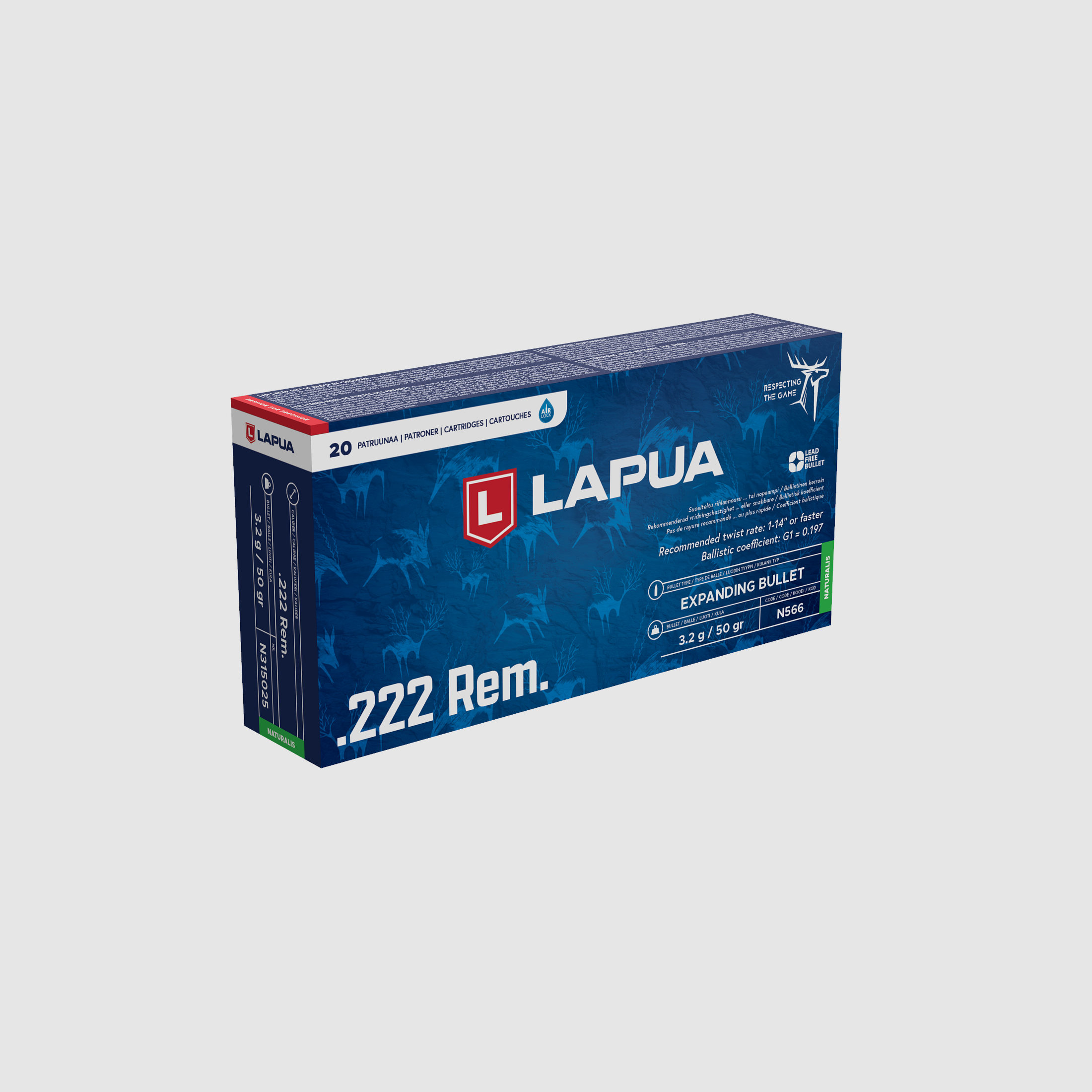 Lapua Naturalis *Blyfri* .222 Rem. - 3,2 g / 50 gr - Æske á 20 stk, billede 1 af 3