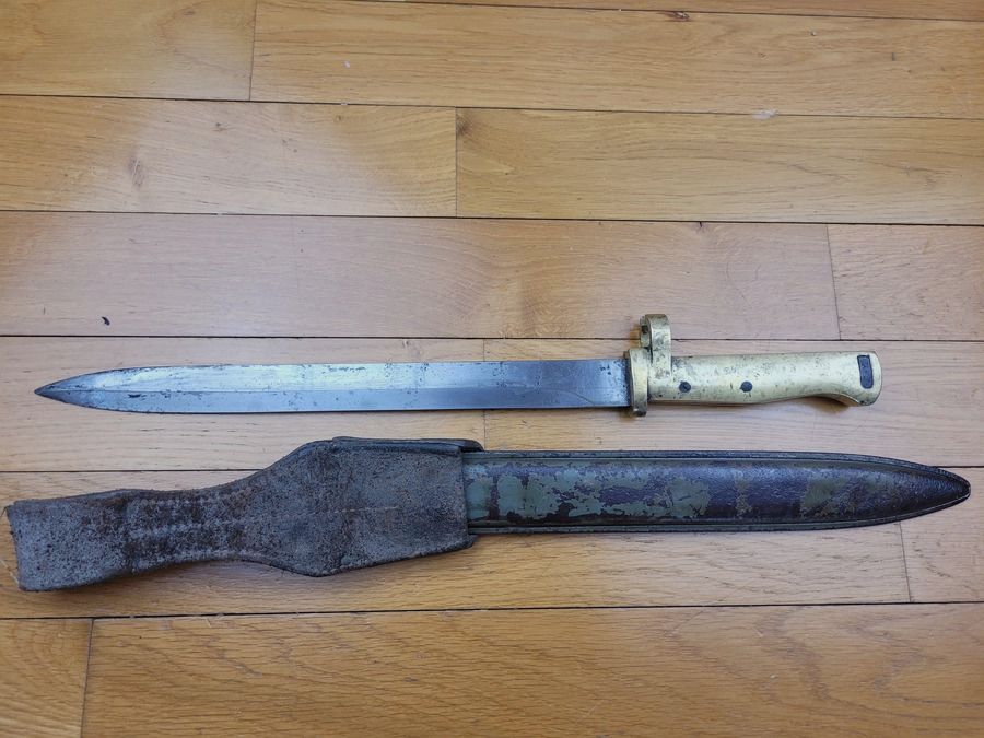 Mooie en zeldzame Duitse vervangingsbayonet messing handvat 1914-1918 – EB21 – Met schede – TBE+, afbeelding 6 van 9