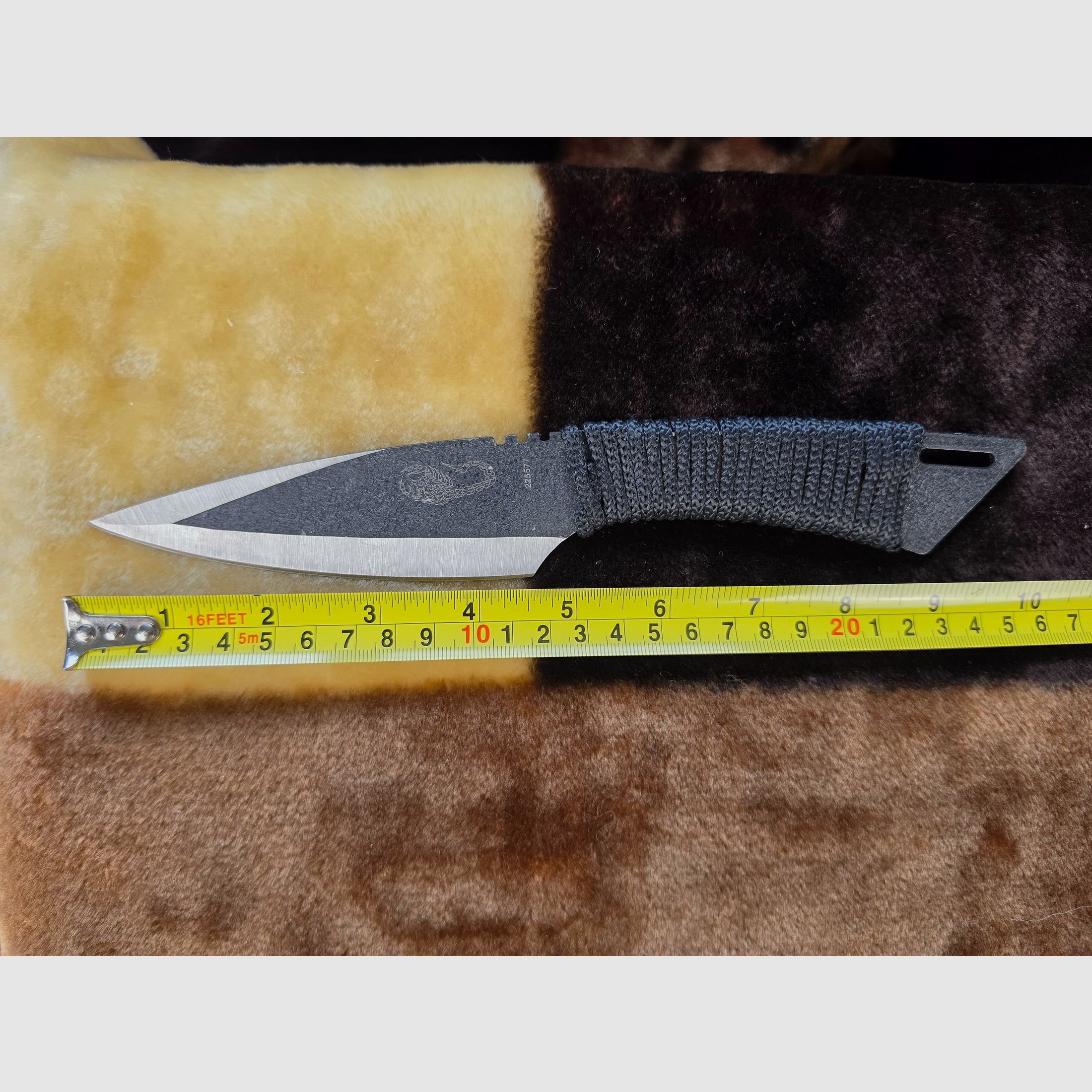Tactical survival & outdoor knife (black) with paracord wrap & scorpion engraving, image 1 of 4