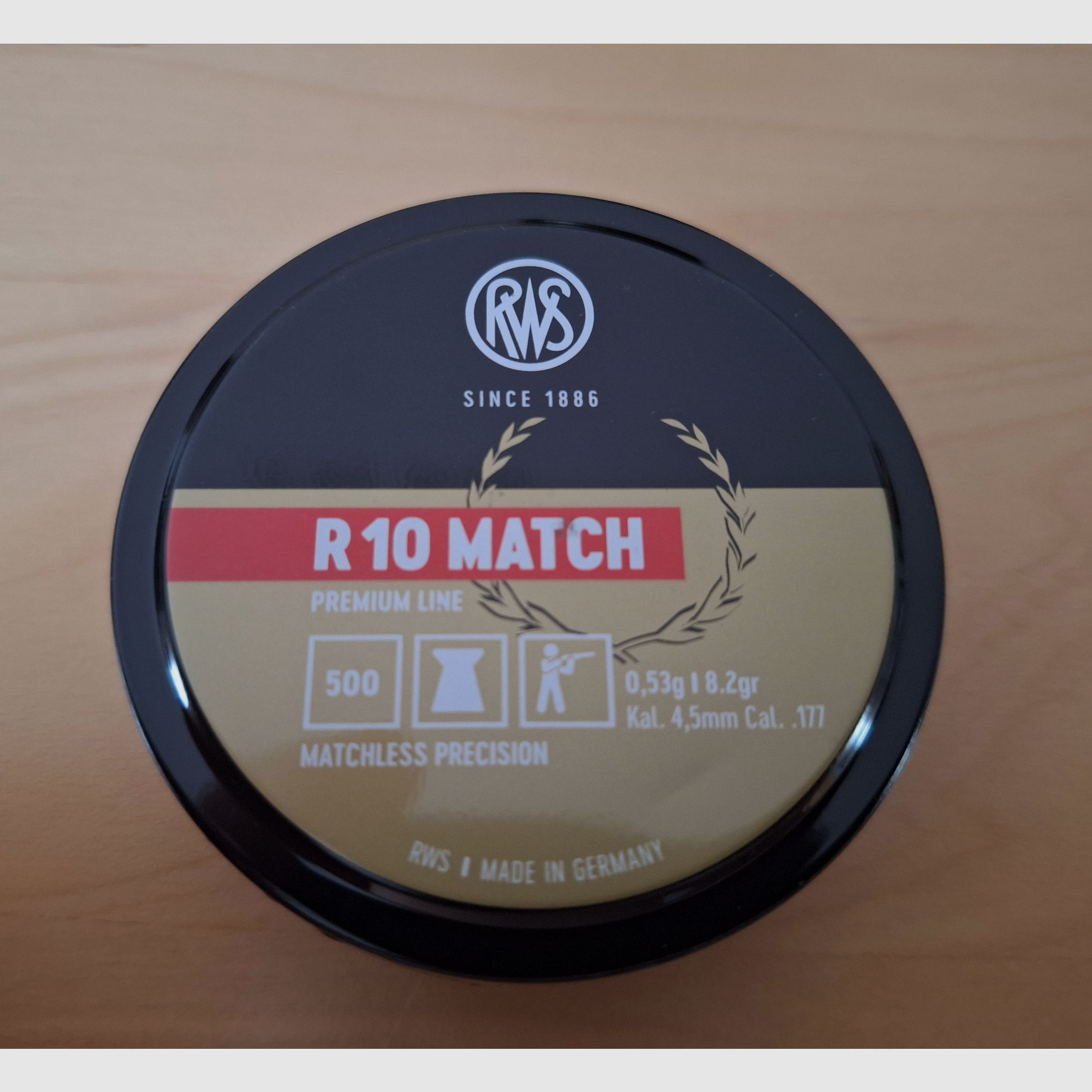 6 Stück Versiegelte Dosen a. 500 Stück RWS R 10 MATCH Premium Line 0,53 g 8,2gr        Ø 4,49 mm Charge Nummer: 70429.