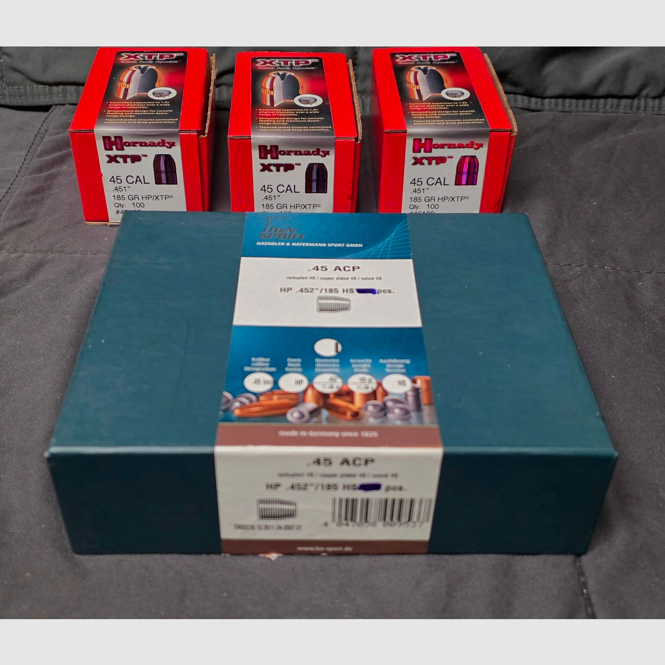 380 pièces de projectiles .45 ACP Hornady XTP + H&N Sport détaillant & Natermann