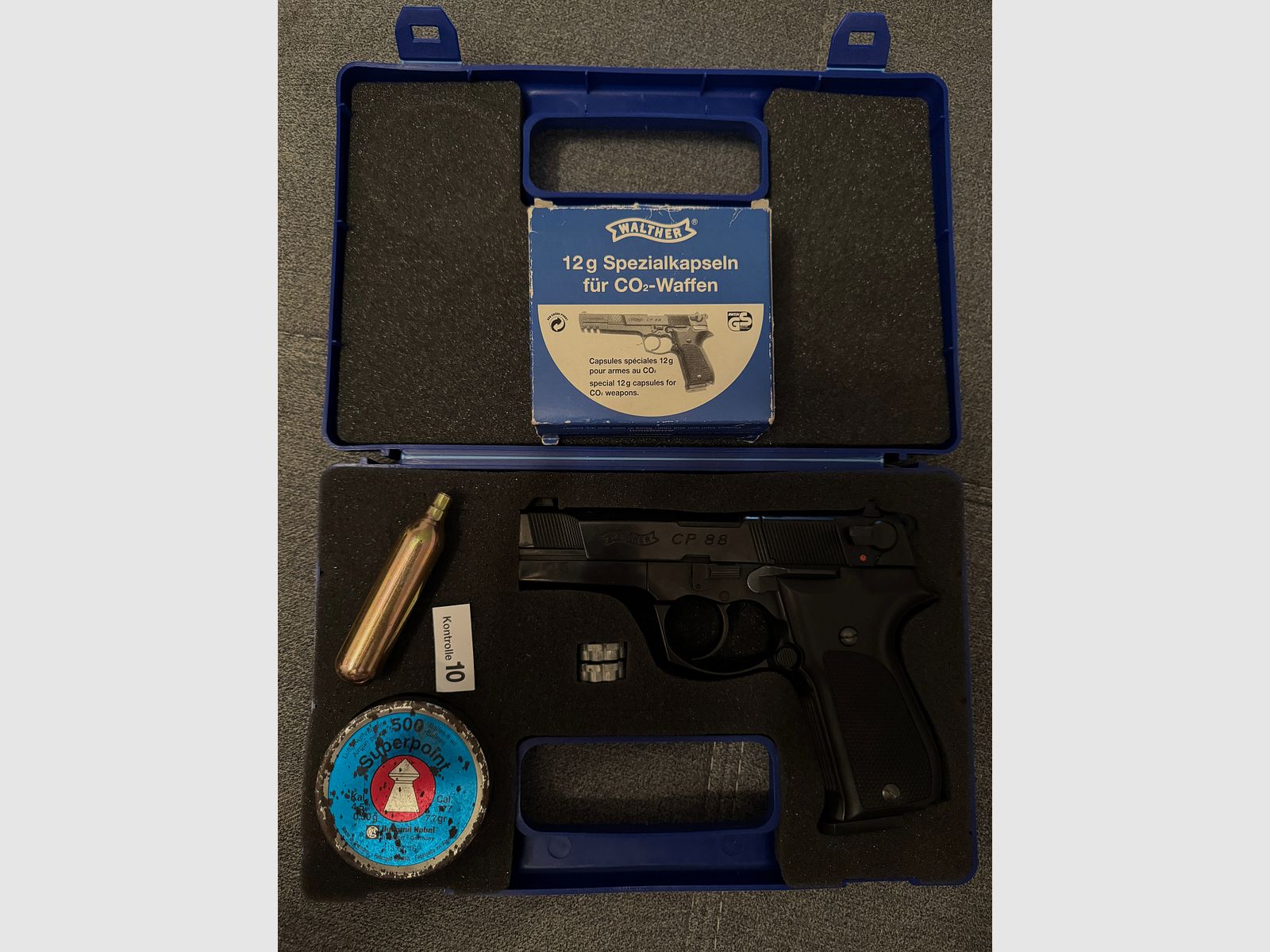 CO2 air pistol Walther CP 88 (4.5mm Diabolo) – complete set in case with accessories & receipt