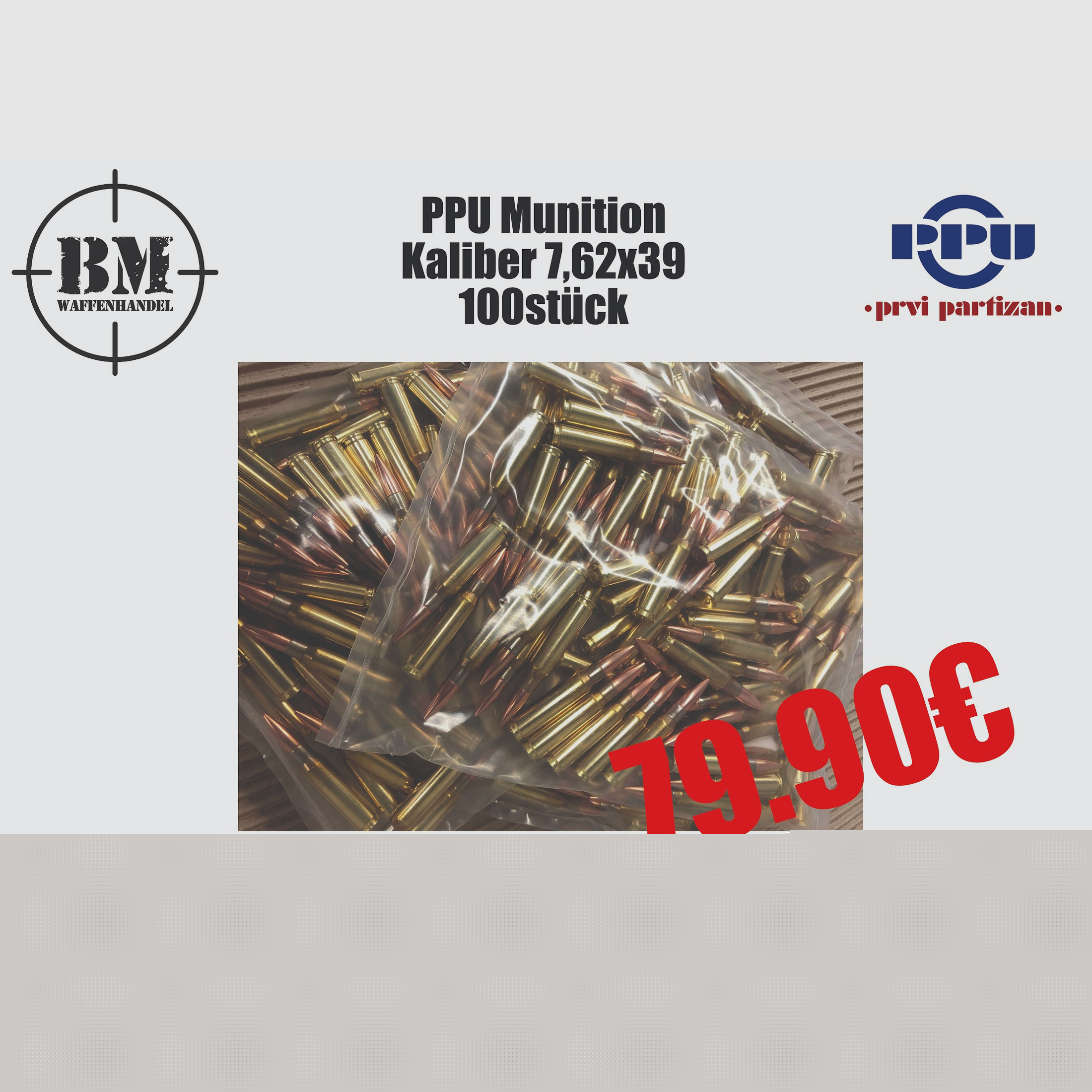 PPU 7,62x39 Munition AK47 SKS Simonov FMJ 8,0g / 123 grs