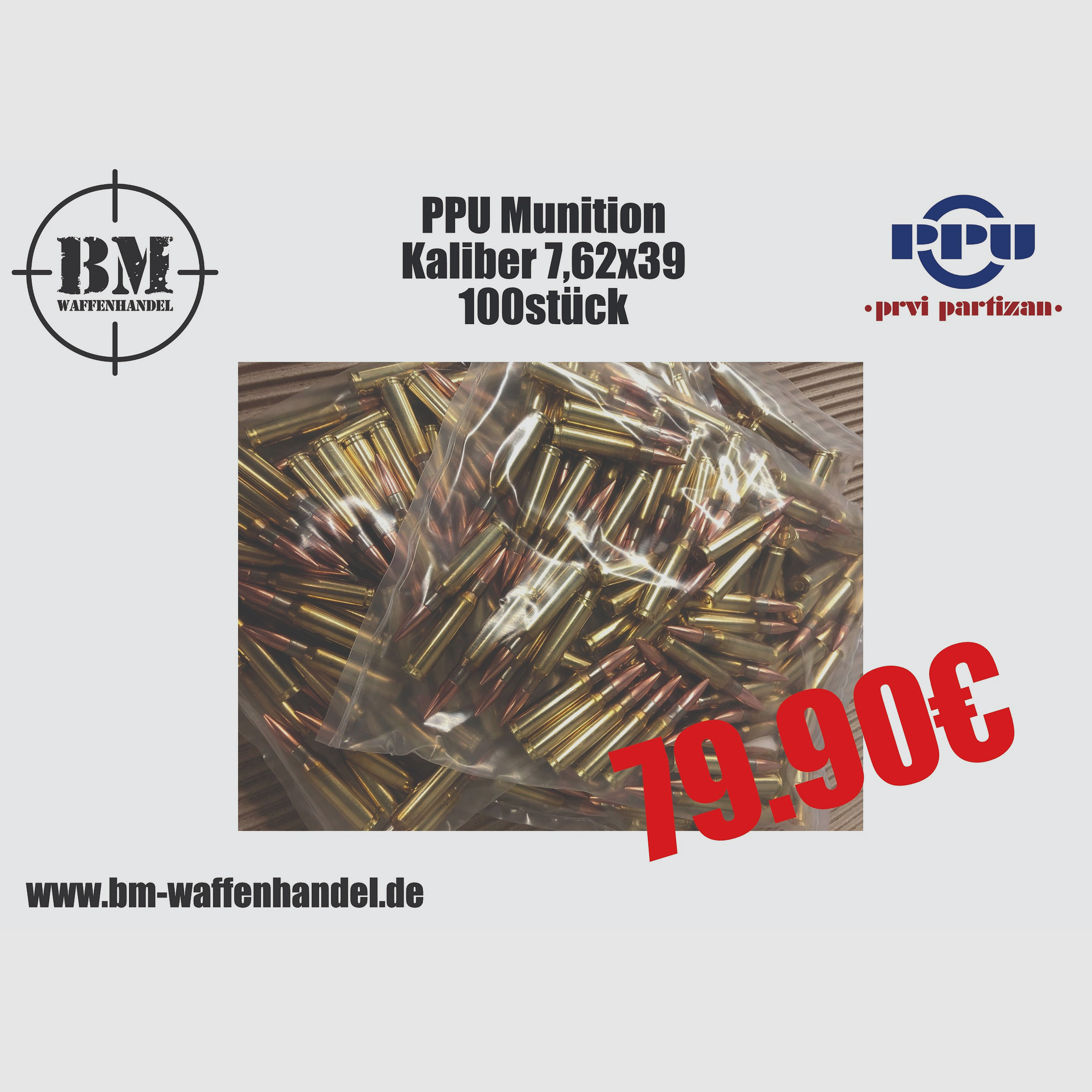 PPU 7,62x39 Munitions AK47 SKS Simonov FMJ 8,0g / 123 grs