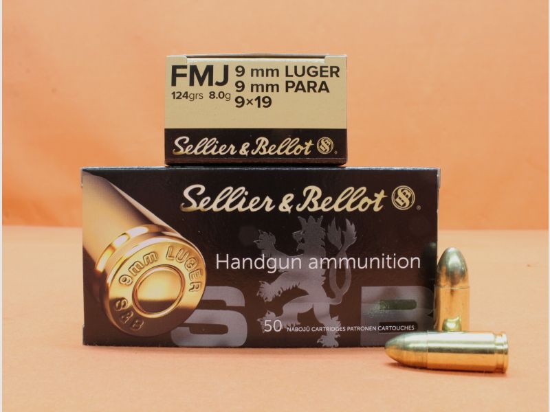 Patrone 9mmLuger S&B/ Sellier&Bellot 124grs FMJ VE 50 Patronen/ 8,0g Vollmantel (9mmPara/9x19)