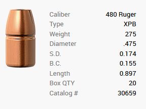 Barnes Geschoss .480 Ruger/.475 275GR XPB Pistol FB 20 Stück