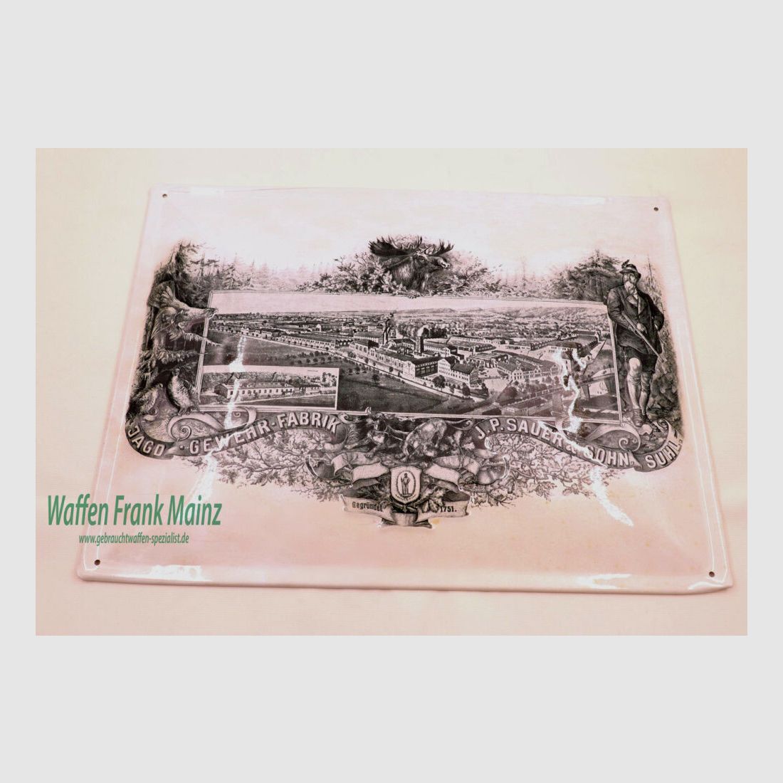 Sauer en Zoon/Suhl Vintage Reclame Blikbord Wapenfabriek J.P. SAUER & ZOON