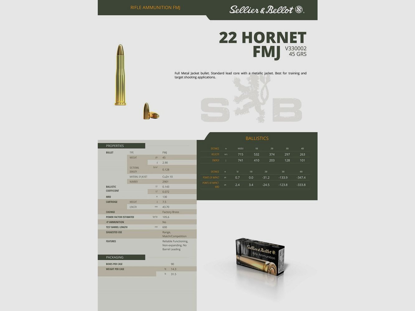 S&B Patronen - Kal. 22 Hornet FMJ, Bild 3 von 3