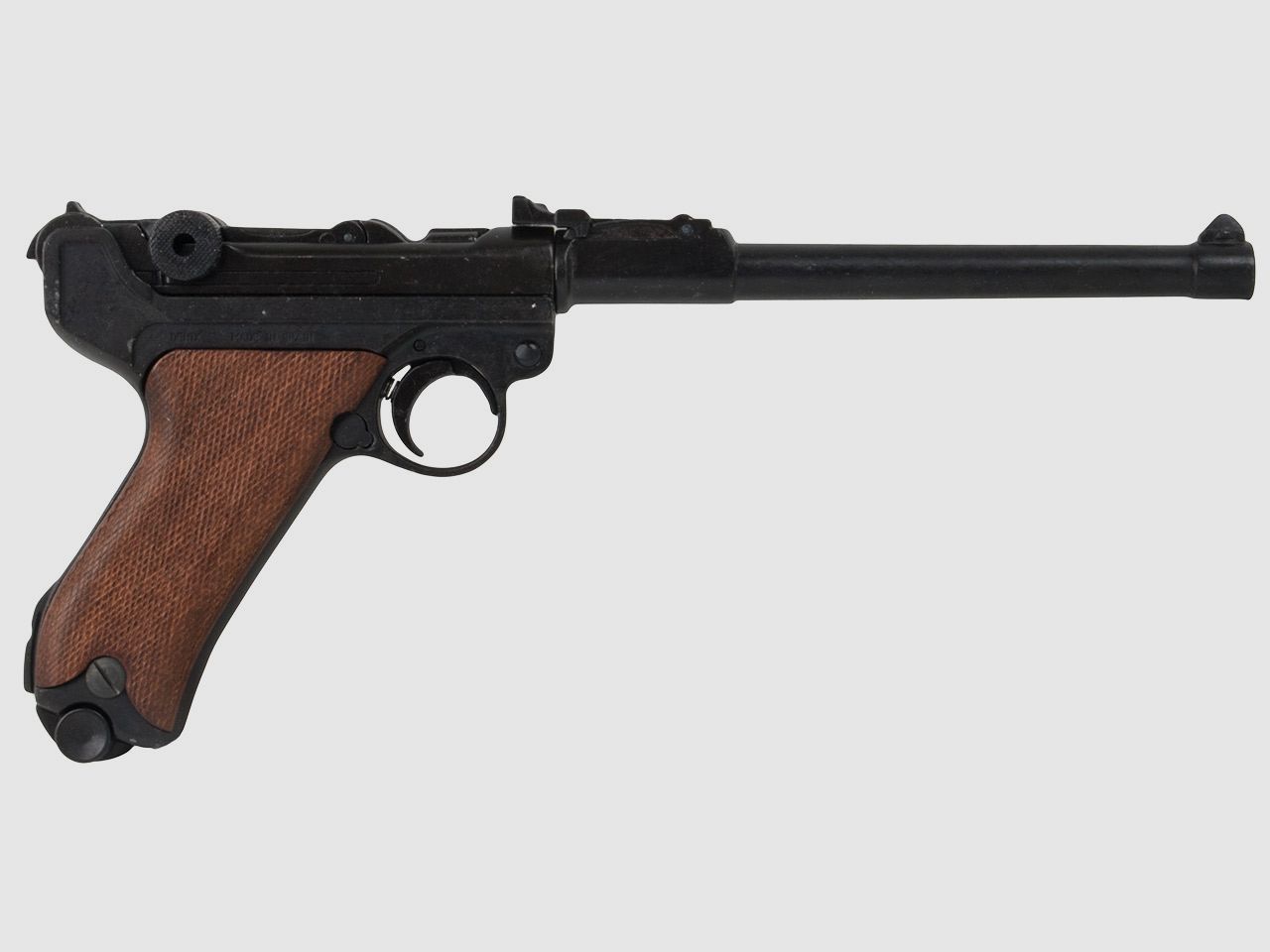Denix Deko Pistole Luger P08 Artillerie Deutschland 1898 LĂ¤nge 34,5 cm mit langem Lauf schwarz braune Griffe