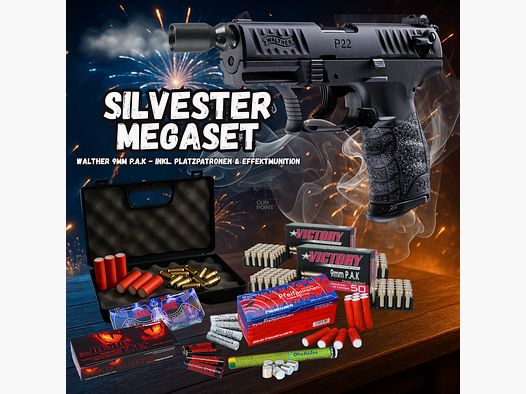 SILVESTER MEGASET !!! Pistola a salve - Walther P22Q - 9 mm P.A.K. incluso valigetta, 100 cartucce a salve e 100 colpi di munizioni a effetto