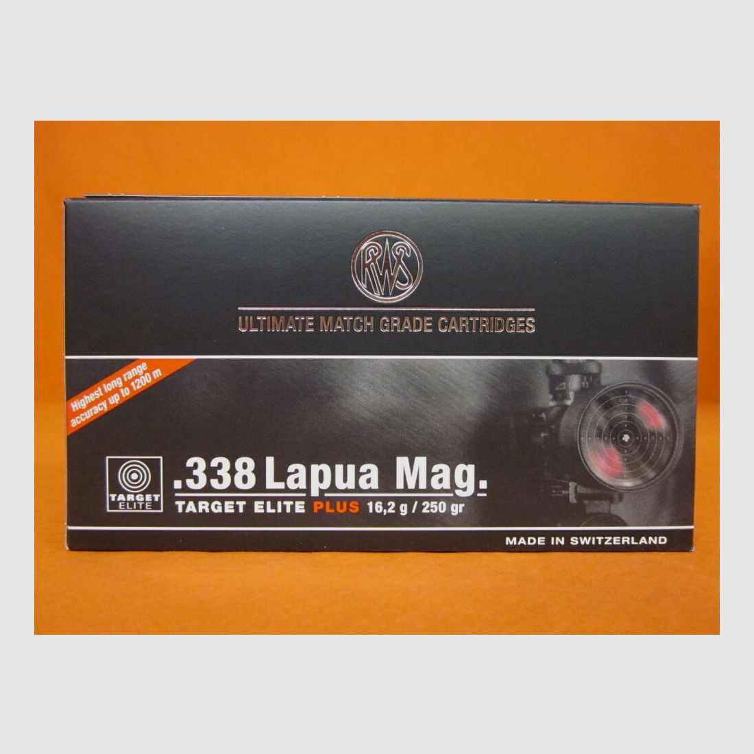 RWS Cartucho .338LapuaMagnum RWS 250grs HPBT (2317464) VE 20 cartuchos (Target Elite Plus)/ 16,2g punta hueca de competición