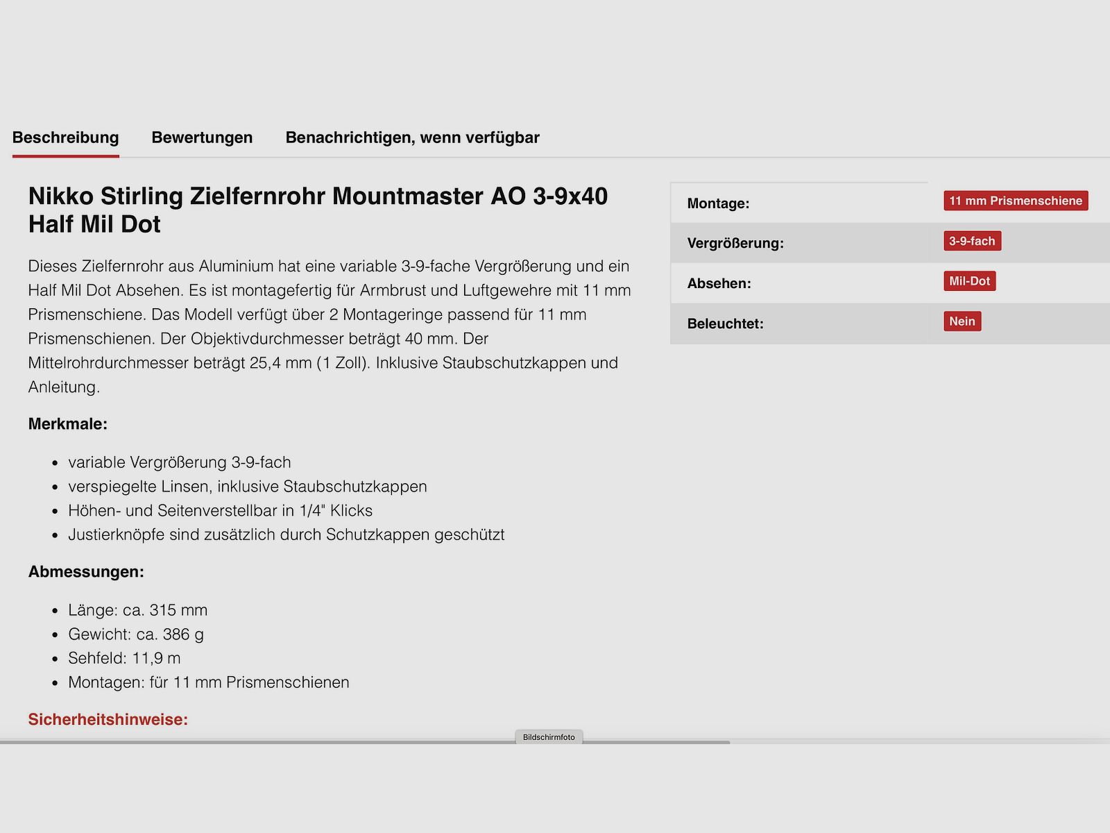 Zielfernrohr Nikko Stirling Mountmaster 3 - 9 x 40 Half Mil Dot 378 inch mounts - Beleuchtet - neuwertiger Zustand !