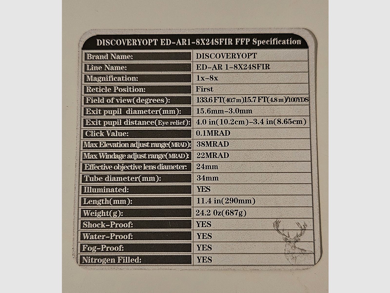 LPVO DISCOVERYOPT, 1–8 × 24 FFP mit 34-mm Rohr