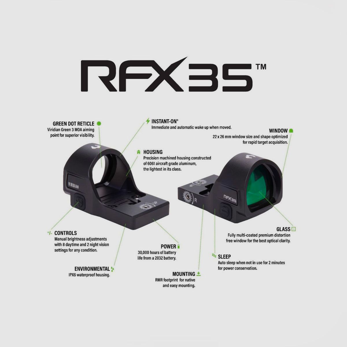 ROTEN PUNKT – VIRIDIAN OPTIK – RFX35 GRÜNER PUNKT REFLEXVISIER | RMR Fußabdruck | 3 MOA, Bild 7 von 17