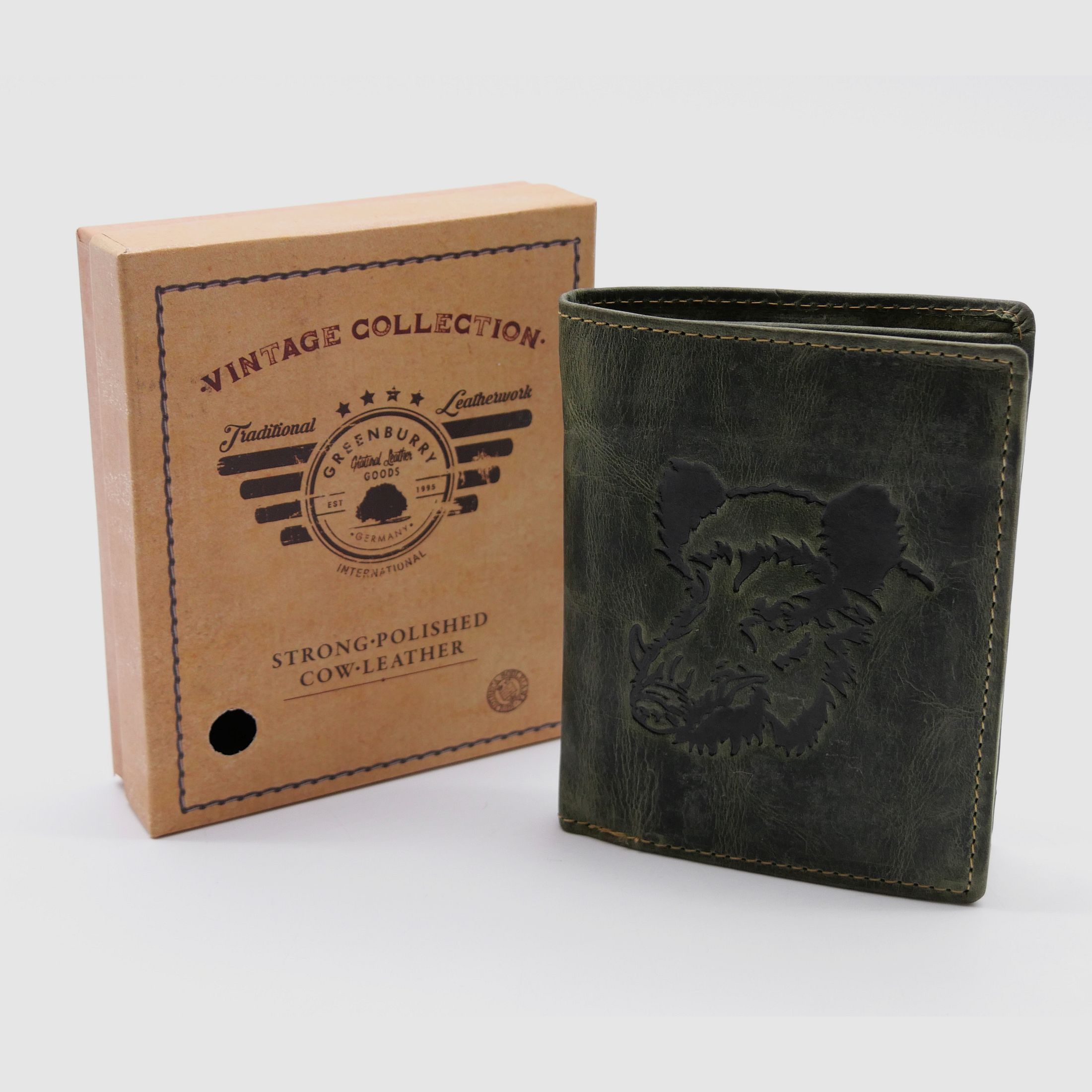 Greenburry Leder Geldbörse oliv Vintage Animal Collection Royal Stag Keiler 1701-wildboar-30