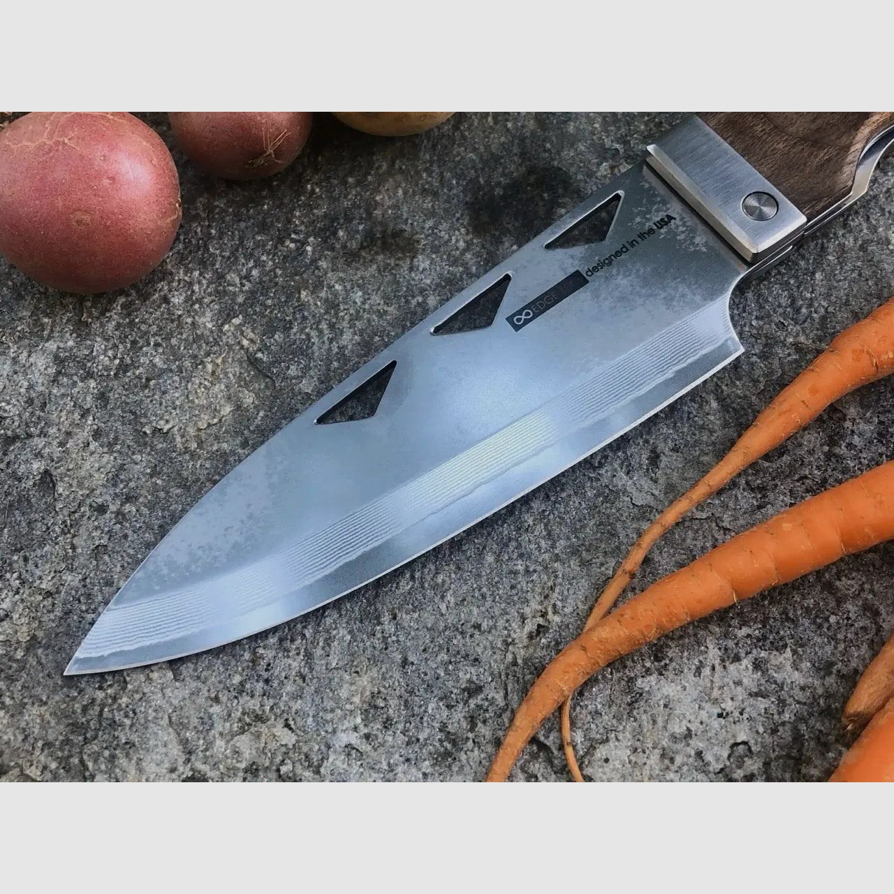 nCamp Elite Chefkochmesser (Damastklinge/Walnussholzgriff) mit Lederetui