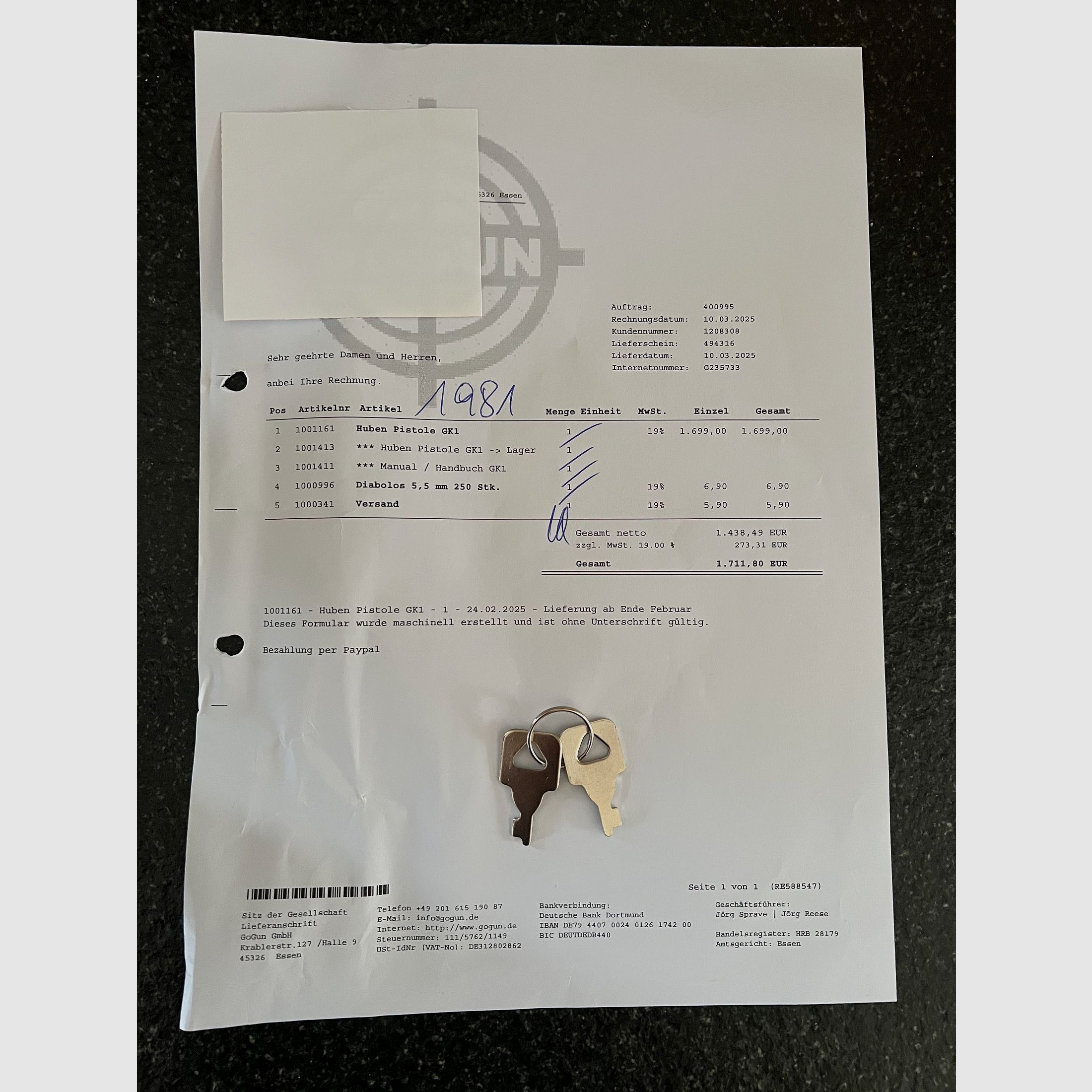 Pistola ad aria compressa Huben GK1 F-Version con kit di esportazione