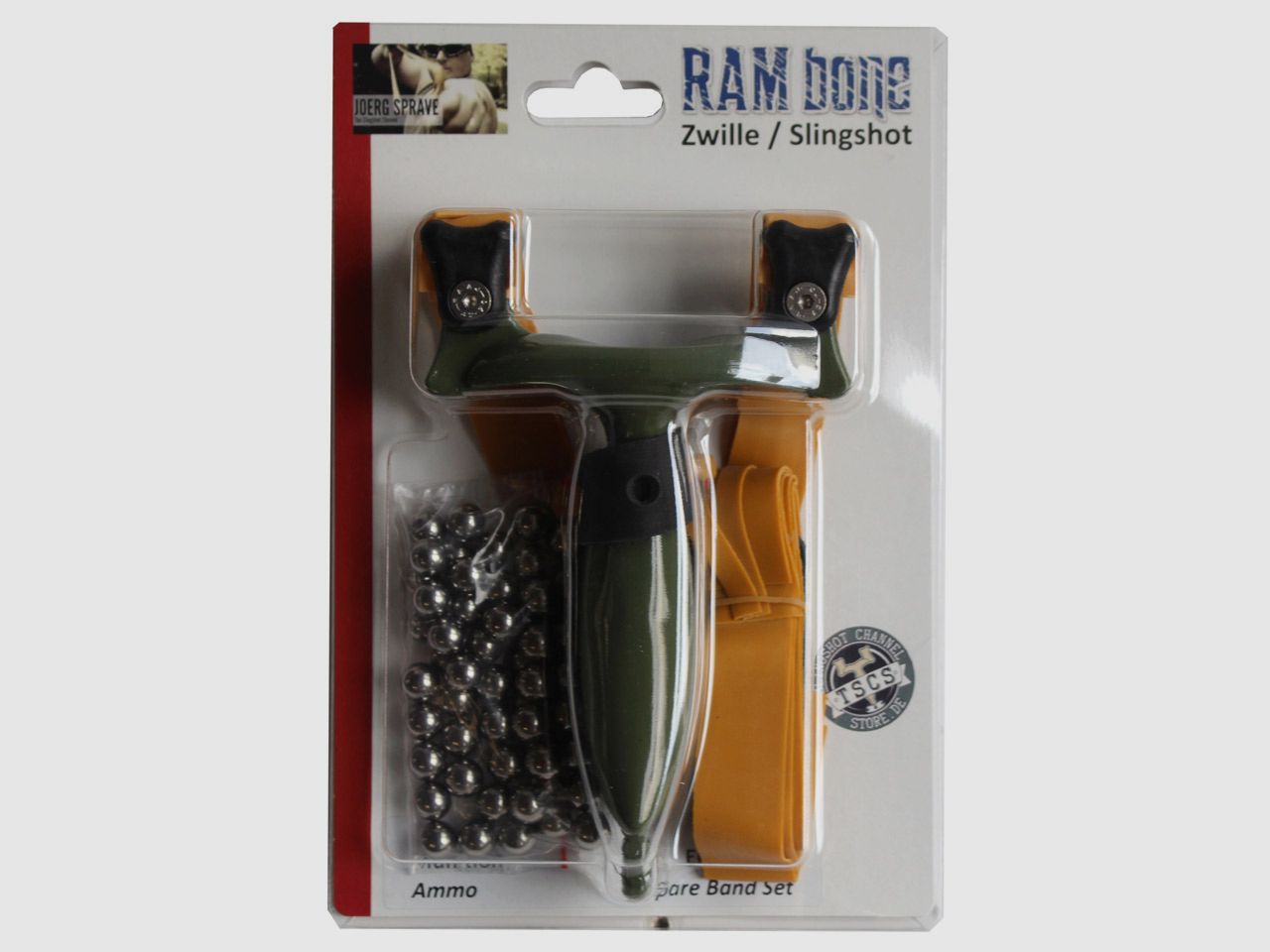Sportschleuder Zwille Slingshot RAMbone 2.0 oliv - TBG-Double Kit mit Ersatzband und 50 Kugeln 10 mm (P18)
