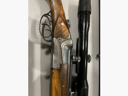 Bockdoppelflinte Merkel Suhl 16/70 con Krieghoff Wechsellauf 7x57R y visor Zeiss Diavari 1,5x6