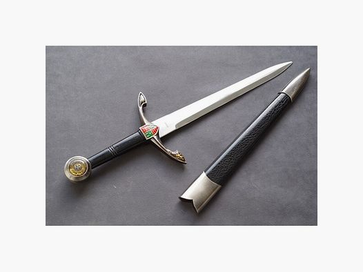Dolch Schwarzer Ritter mit schönem verzierten Parier und Knebel , Stahlklinge