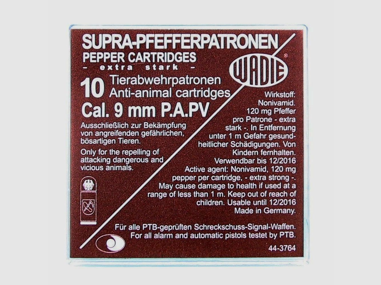 Wadie Supra Peperpatronen / Kal. 9 mm P.A. PV / 120 mg NV