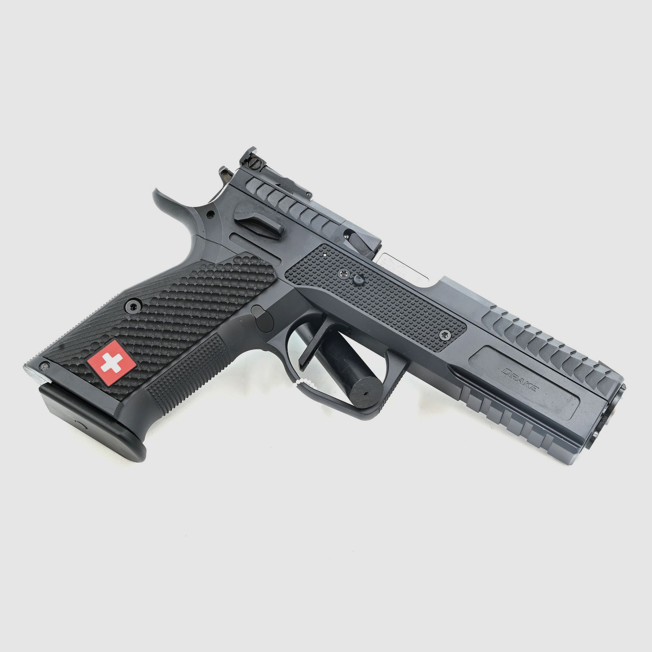 Pistole Phoenix Drake Production, Schwarz, 9×19, SAO, OR LPA, Scheibenkorn schwarz, Lokgrip G10 Schweizer Flagge, Bild 2 von 2