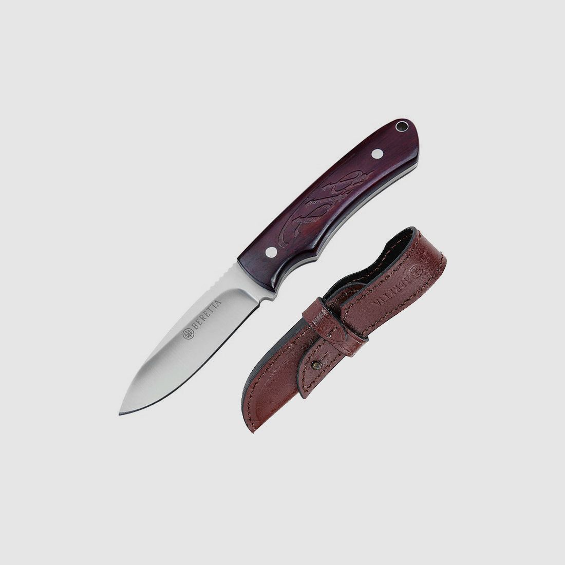 Coltello da esterno Beretta, 440C, manico in cocobolo con appoggio per il pollice, fodero in pelle marrone coltello da caccia