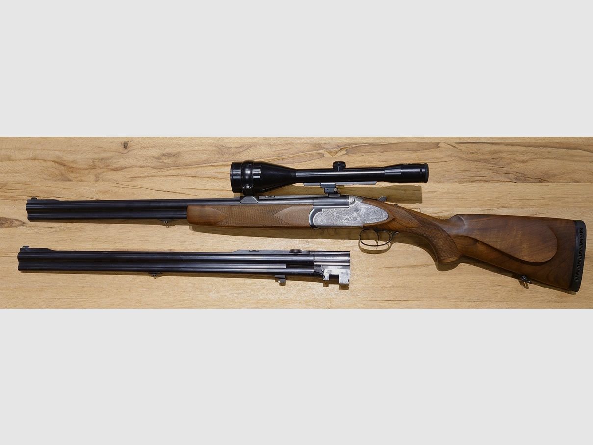 Bock rifle Kettner Mod. Campione cal. 7x65R 12/70 with interchangeable barrel 9.3x74R, 12/70 Schmidt und Bender 8x56