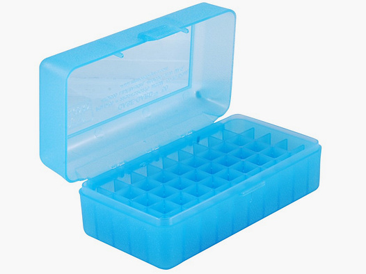 Caja de cartuchos MTM RSLD-50-24 azul transparente con tapa abatible para 50 cartuchos .500 S&W y otros.