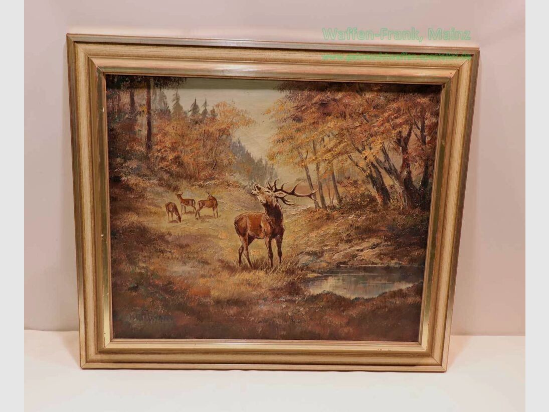 Helmut Riemann Rothirsch mit Kahlwild bei der Brunft