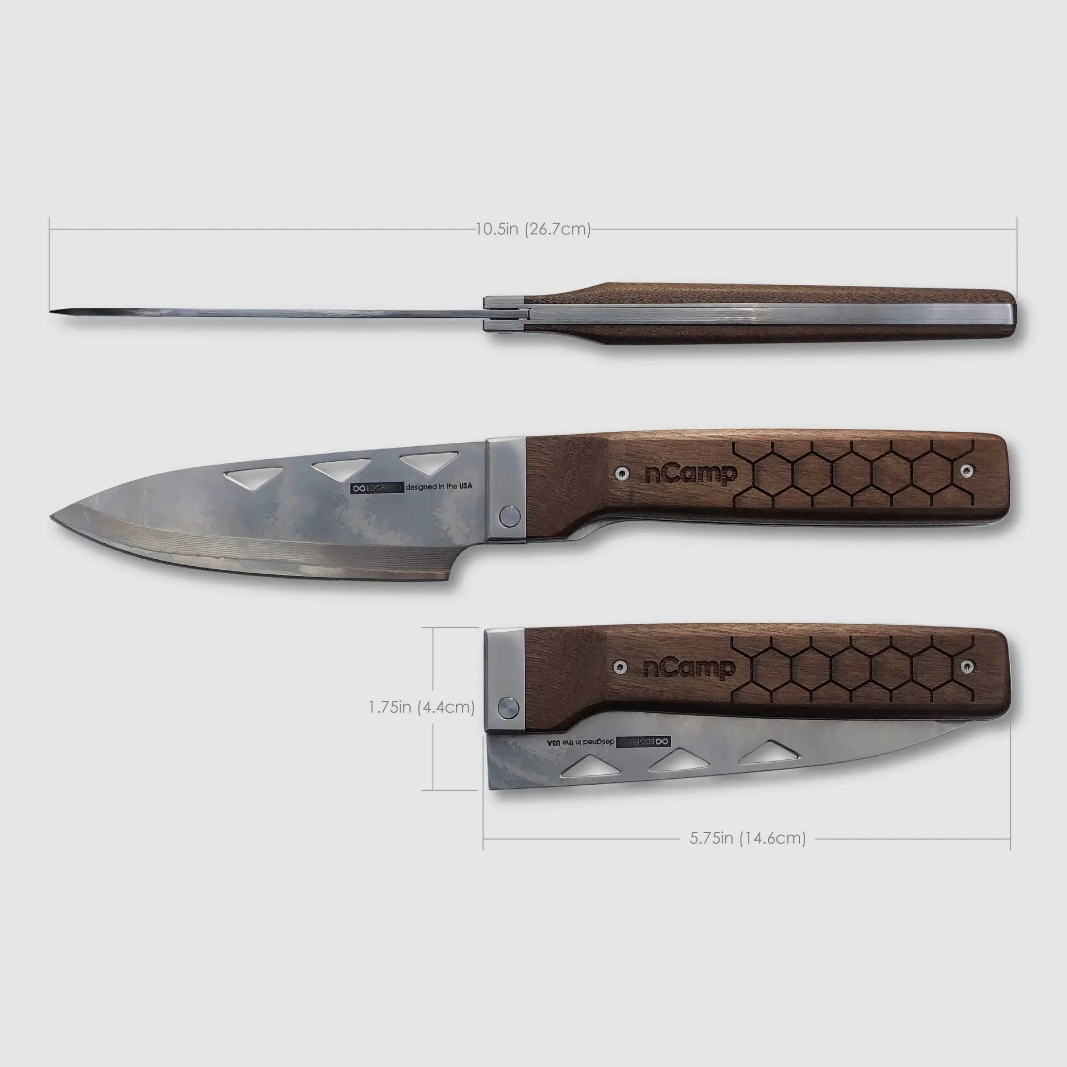 nCamp Elite Chefkochmesser (Damastklinge/Walnussholzgriff) mit Lederetui