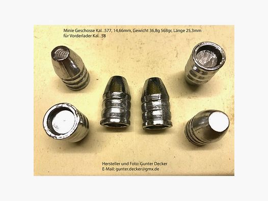 Minie Geschosse Kaliber .577 14,66mm 36,8g 568gr Länge 25,3mm Vorderlader Gewehre Kal. .58
