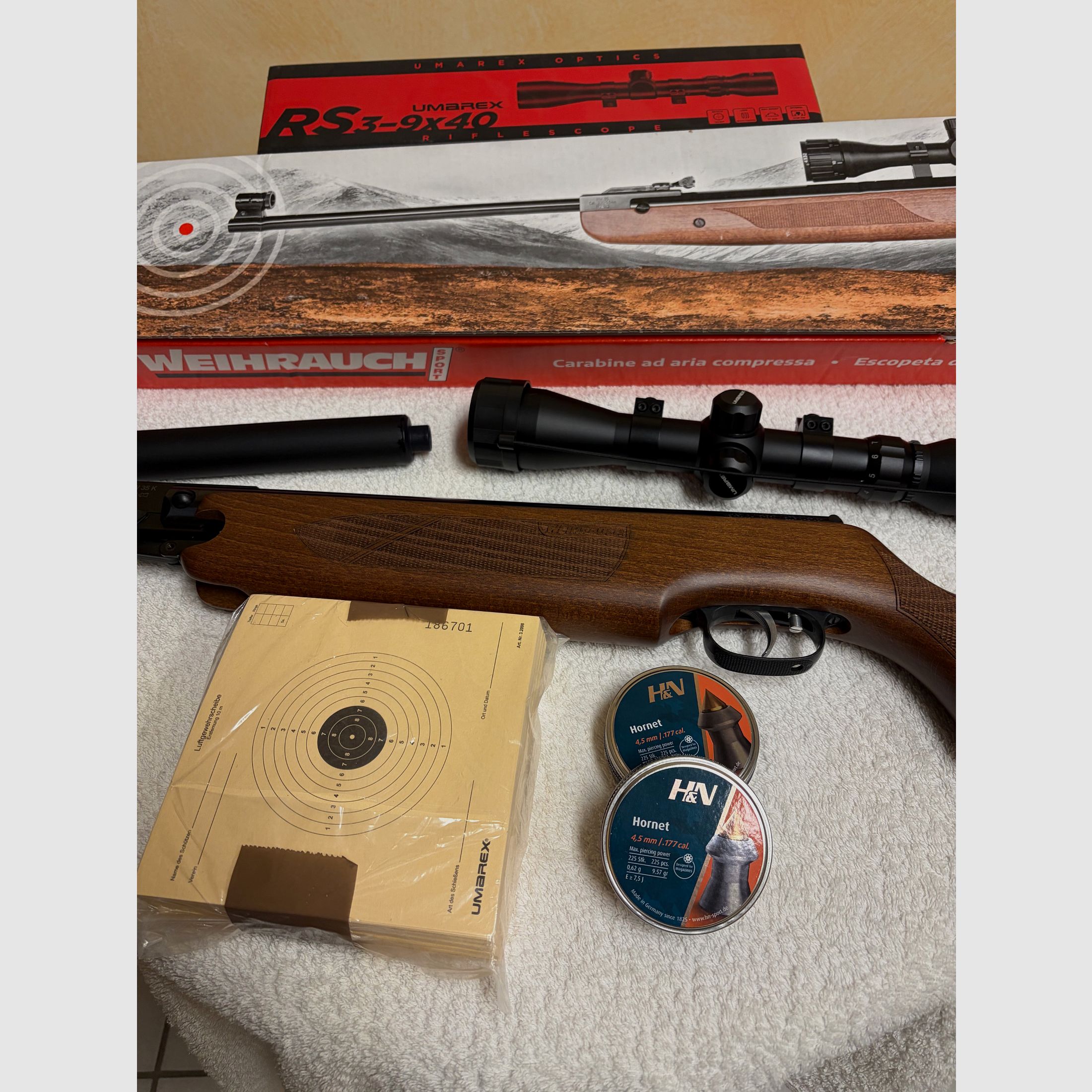 Fucile ad aria compressa: Weihrauch KW 35 K con silenziatore e telescopio Umarex RS 3-9x40, nuovo e mai usato,