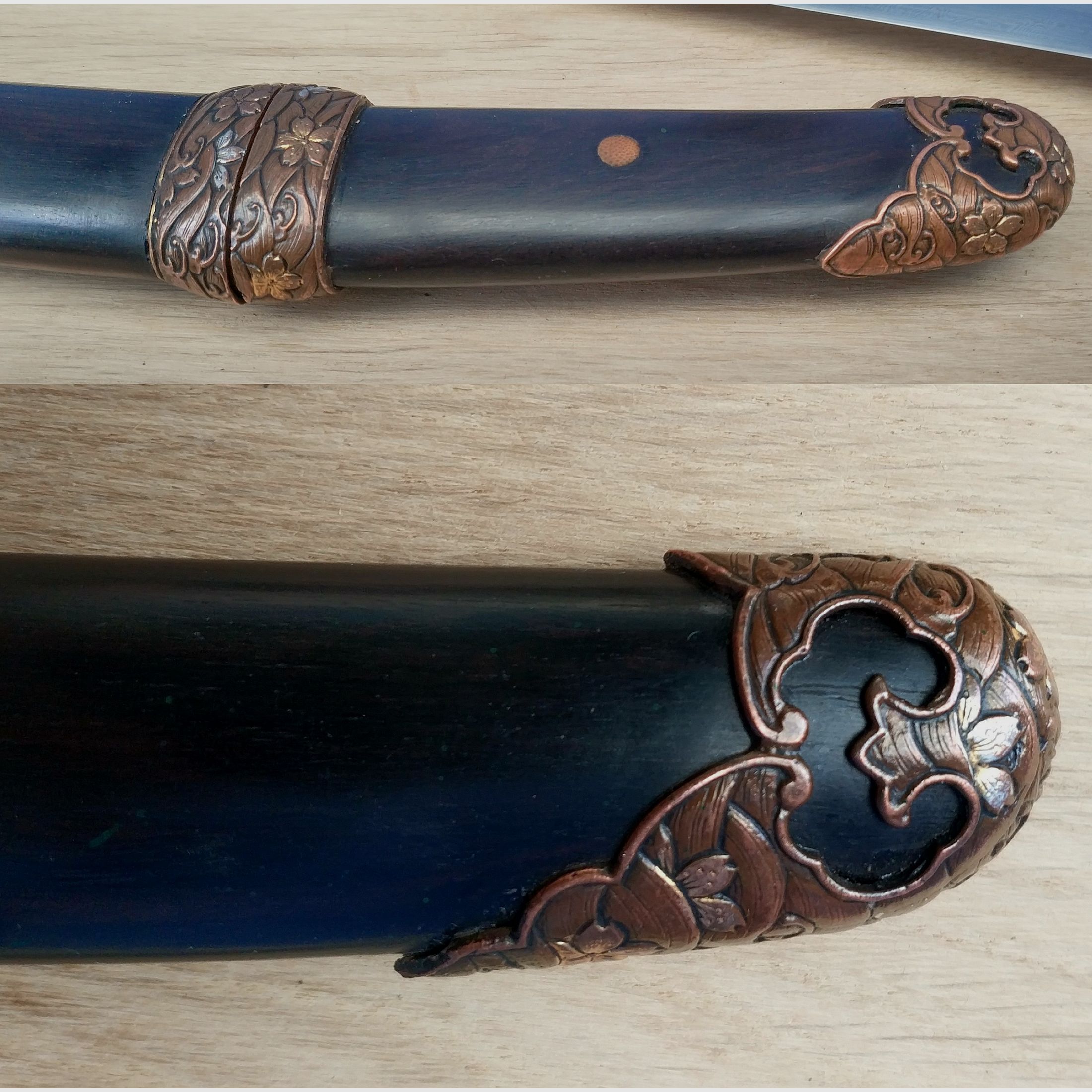 handpolierter Sanmai Tanto mit Heft und Scheide aus Ebenholz