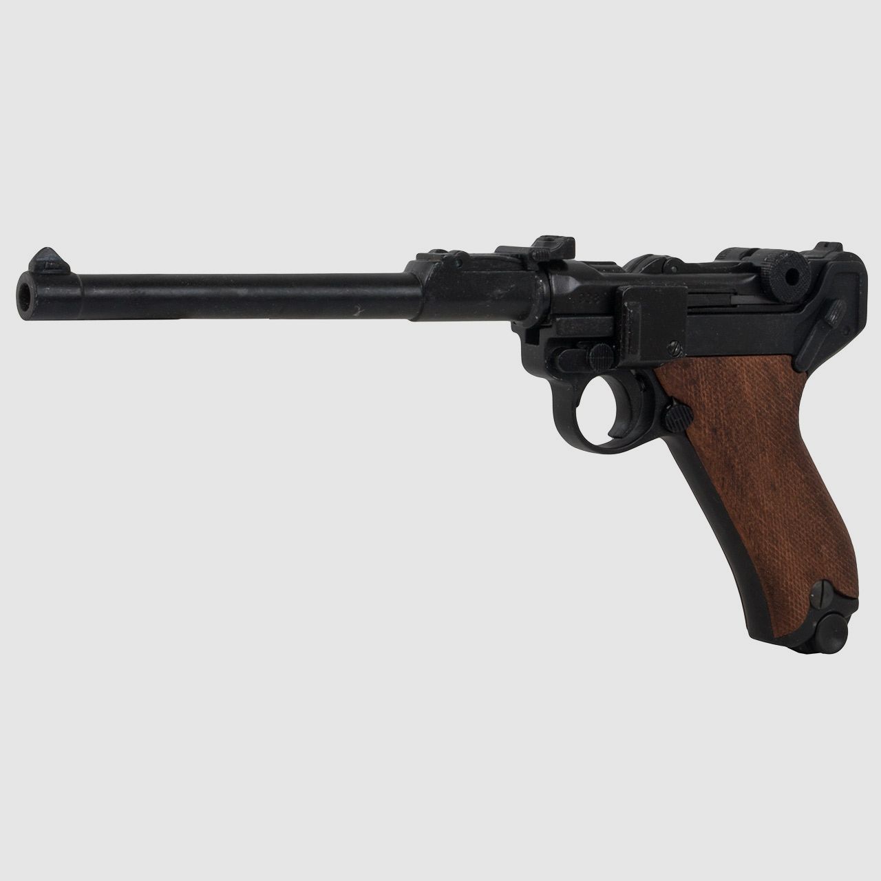 Denix Deko Pistole Luger P08 Artillerie Deutschland 1898 LĂ¤nge 34,5 cm mit langem Lauf schwarz braune Griffe
